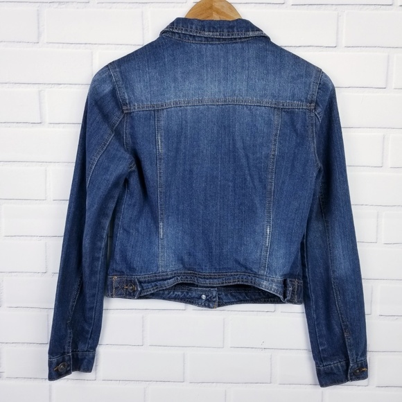 Womens Button Up Jean Jacket Sz M Med Wash Biker Moto Long Sleeve Highway Jeans - Picture 2 of 8